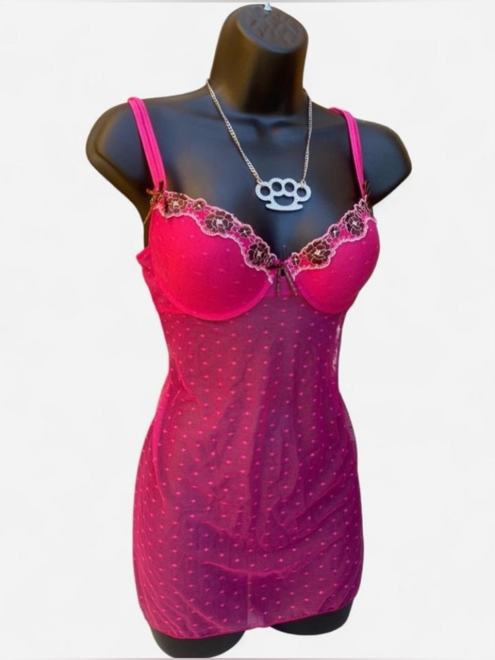 Y2k Hot Pink Polka Dot & Chocolate Brown Lace Babydoll Lingerie Chemise Slip